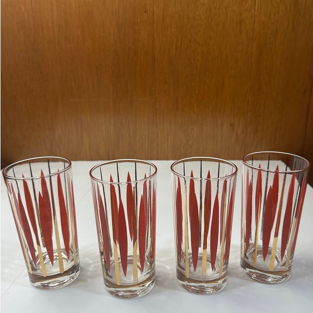 MCM Vintage 1950's Tom Collins Highball Glasses - Orange and Gold Atomic Pattern